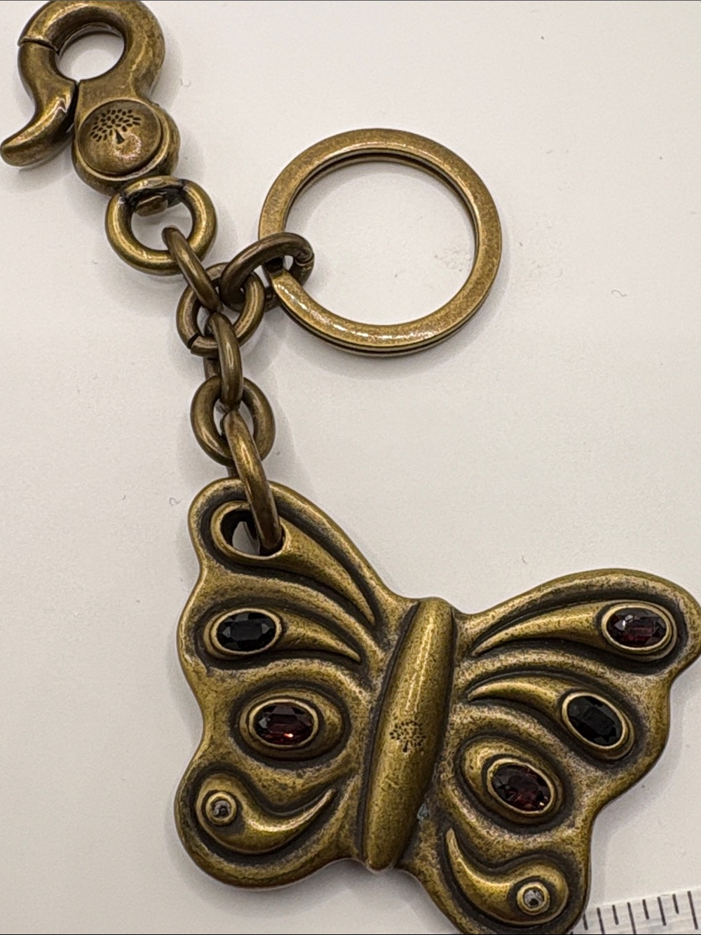 Mulberry Antique Brass Butterfly Keychain with Garnet-Tone Accents
